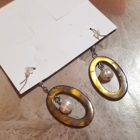 NEW Premier Designs Tiger's Eye & Biwa Pearl Dangle Earrings - Picture 3 of 4